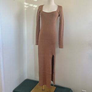 Tan Maxi Bodycon Long Sleeve Slit Dress